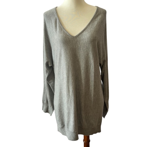 MINNIE ROSE SWEATER S V NECK TENCEL SILK NYLON LONG LENGTH OVERSIZED CASUAL GRAY - Picture 2 of 13